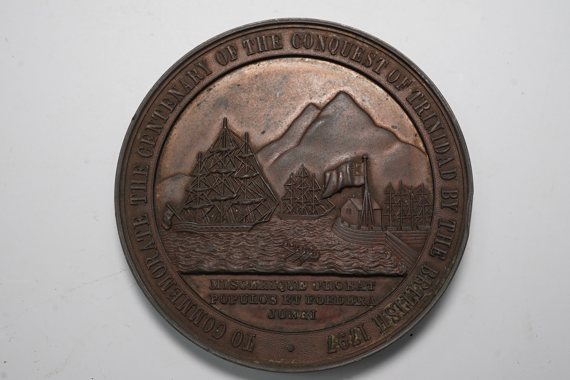 Commemorative medals, Trinidad, Centenary of the Capture of Trinidad bronze medal, 1897, unsigned, uniformed bust of Sir Ralph Abercromby facing, rev. two ships outside Port of Spain, 48mm (BHM 3623; Roehrs 1626), EF